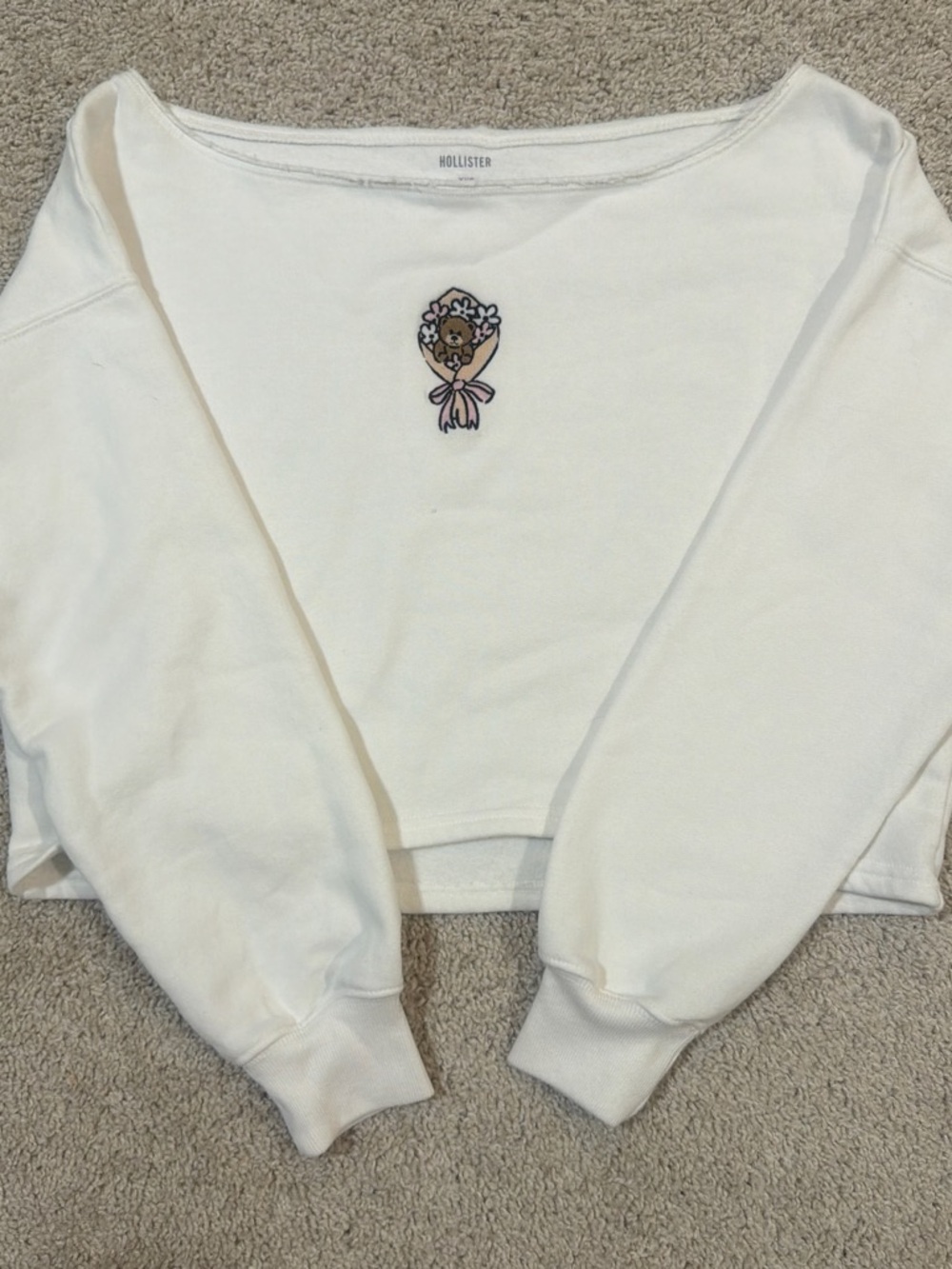 Hollister Cream Cropped Sweatshirt with Floral Bear Patch
